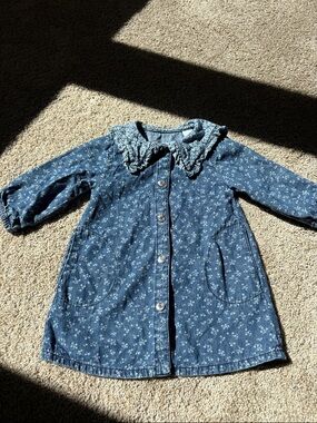 Zara Girls' Blue Floral Denim Dress with Ruffle Collar 2T LIKE NEW